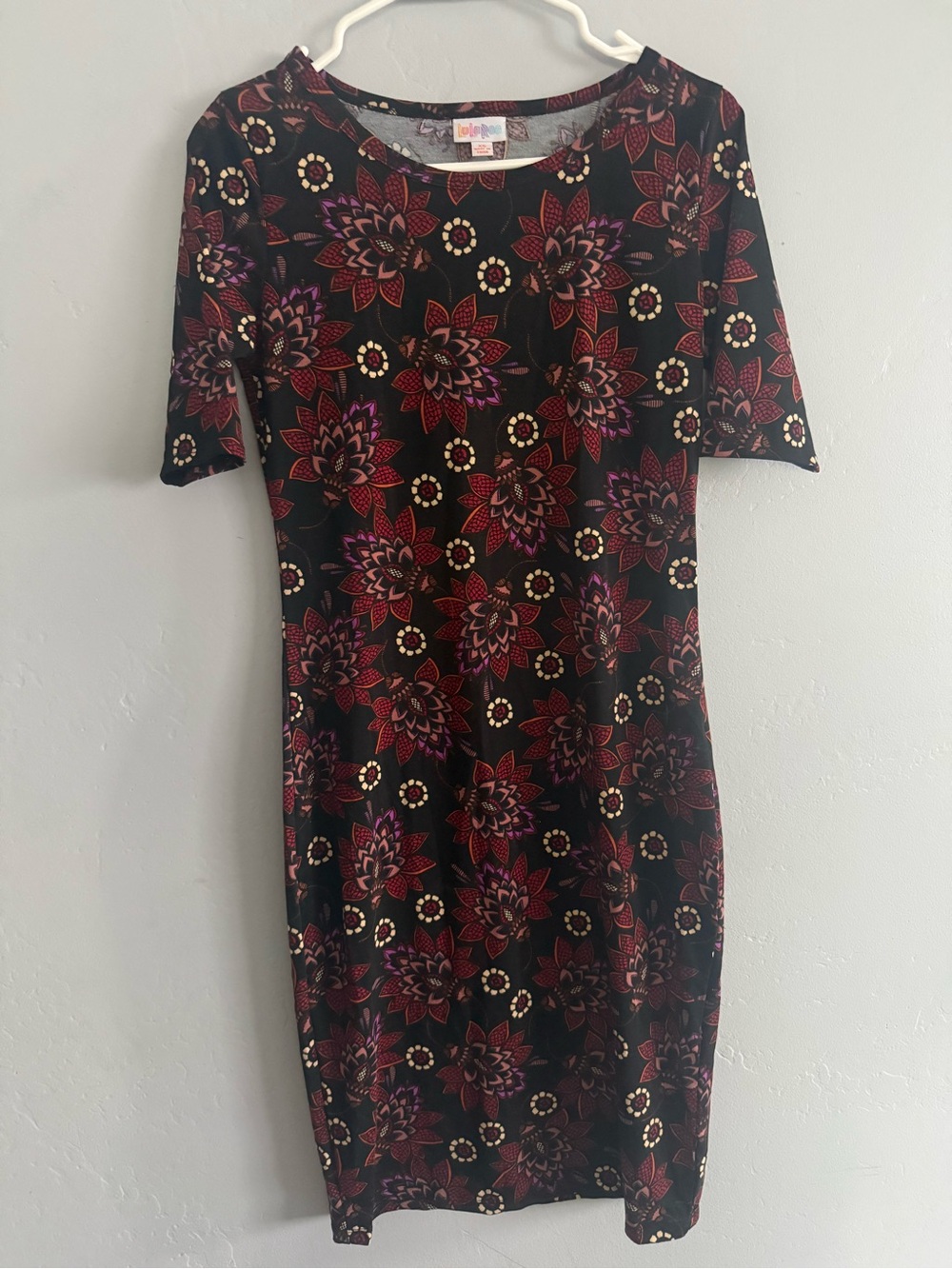 LuLaRoe Black Midi Dress with Red and Purple Floral Print